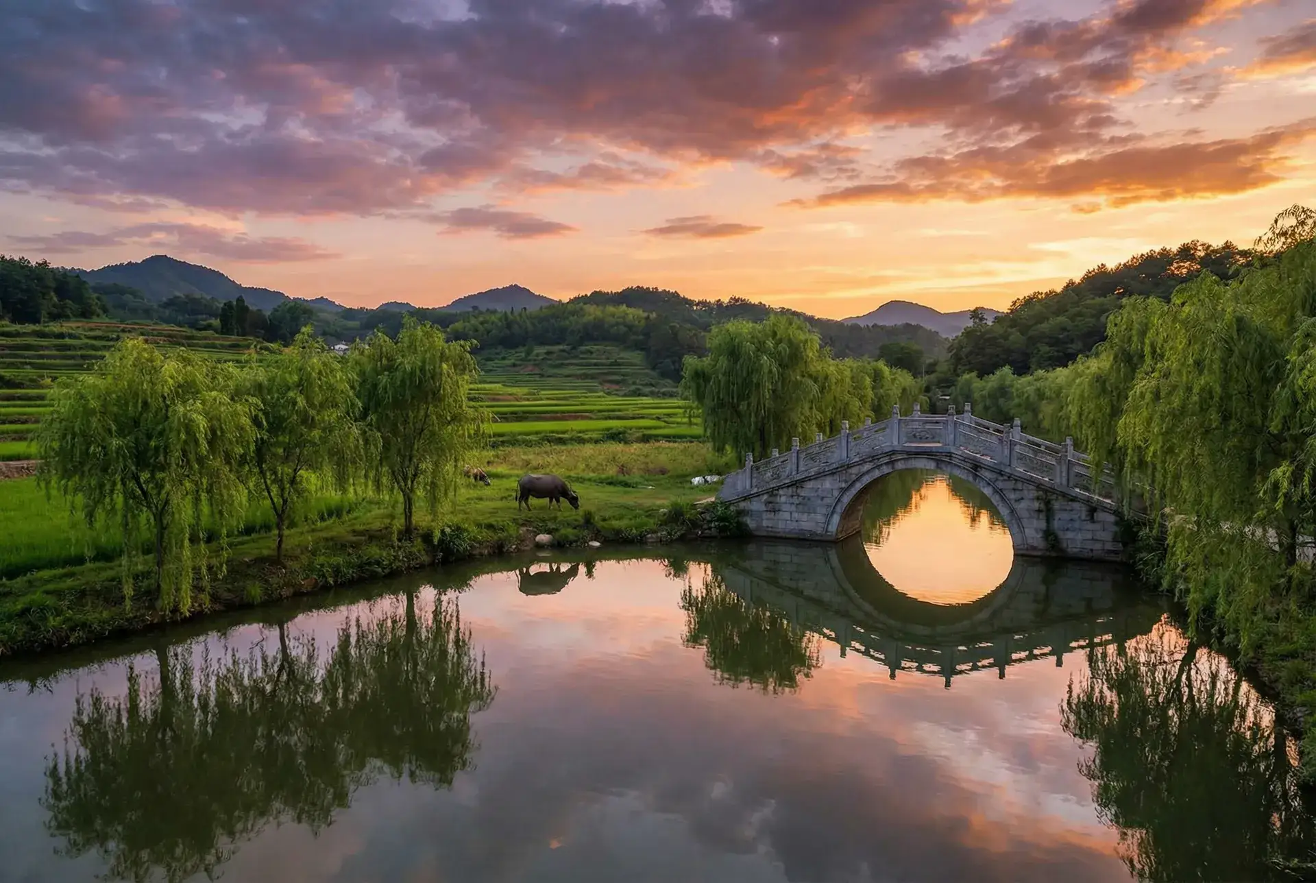 夕阳下的石拱桥与垂柳，水牛在河边吃草 - 天龙影视 乡村美景
